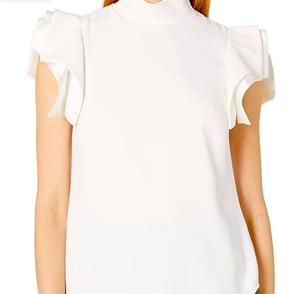 NWT Halston Architectural Short Sleeve Blouse with Mock Neck in White - Size 6 - Picture 5 of 15